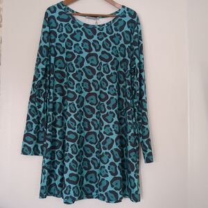 NWT Arianna Womens L/XL Blue Black Animal Print Dress Mob Wife Midi Long Sleeve